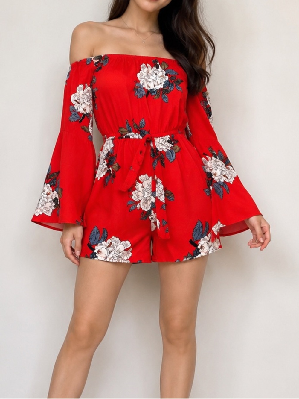 Off-Shoulder Red Floral Romper